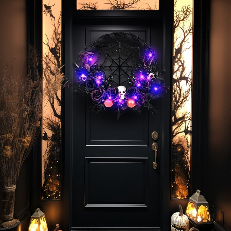 1pc, Prelit Halloween Skull Wreath For Front Door Decor, 20 LED Purple Lights Battery Operated Skeleton Roses Eyeballs Spider Black Natural Wreath Halloween