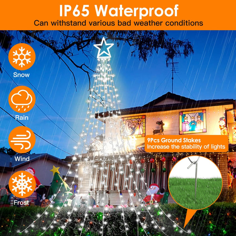 Christmas Hanging Waterfall String Light with Topper Star IP65 Waterproof Outdoor Plug In Fairy Waterfall Tree Light with 8 Lighting Modes Timer Memory Function