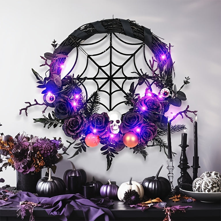 1pc, Prelit Halloween Skull Wreath For Front Door Decor, 20 LED Purple Lights Battery Operated Skeleton Roses Eyeballs Spider Black Natural Wreath Halloween