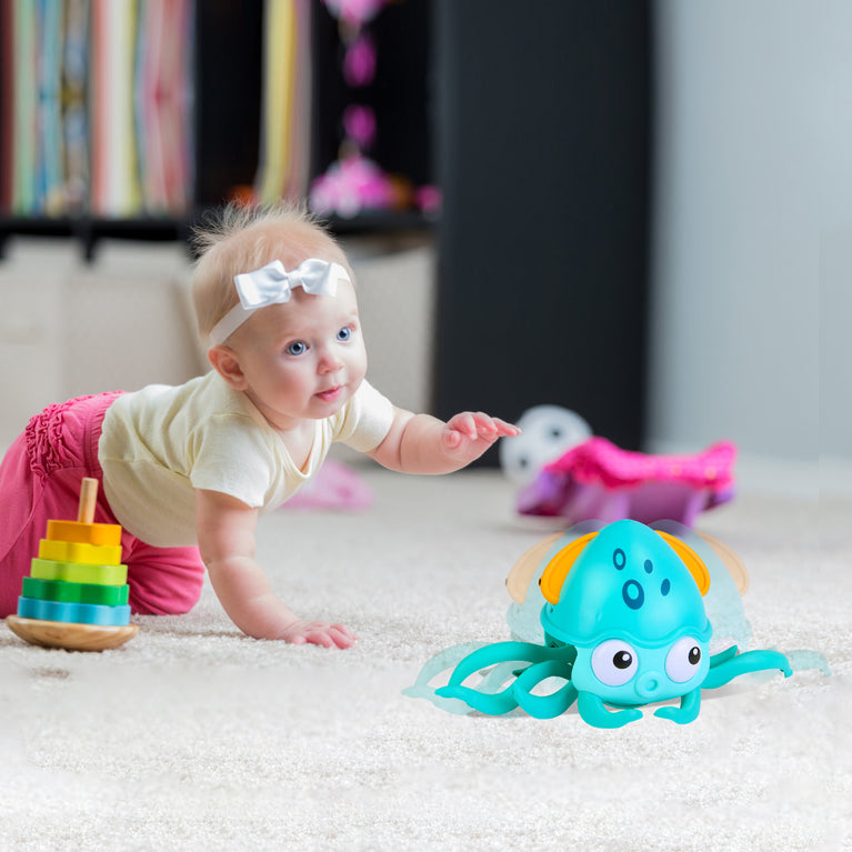 Rechargeable Baby Crawling Octopus Toy with Music LED Lighting Children Electric Moving Walking Kid Toy Obstacle Avoidance Function Suit for Kids Over 4 Year Old