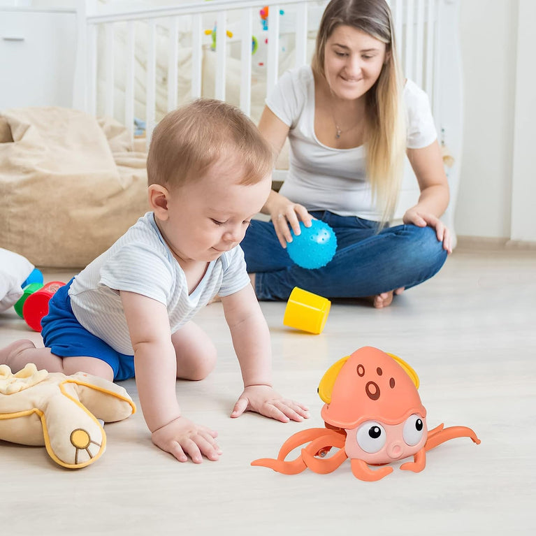 Rechargeable Baby Crawling Octopus Toy with Music LED Lighting Children Electric Moving Walking Kid Toy Obstacle Avoidance Function Suit for Kids Over 4 Year Old