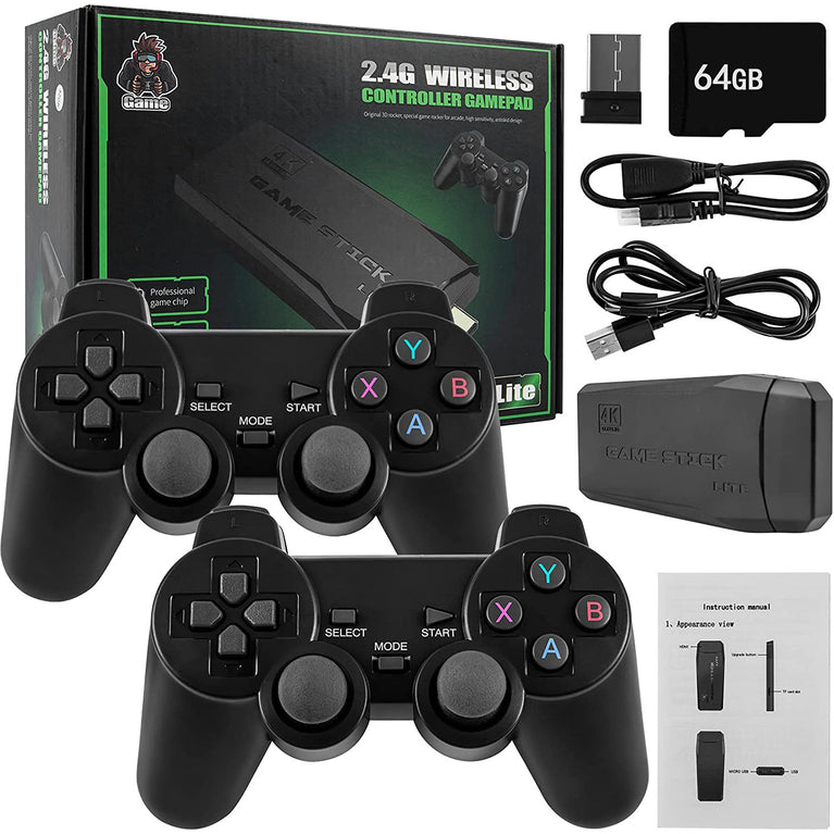 Wireless Retro Game Console; Plug & Play Video TV Game Stick With 10000+ Games Built-in; 64G; 9 Emulators; 4K HDMI Output For TV With Dual 2.4G Wireless Controllers