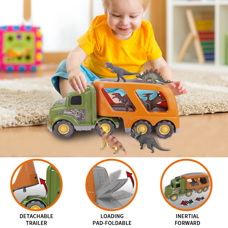 (Do Not Sell on Amazon) Car Truck Toy for 3/4/5/6 Years Old Boys and Girls, Dinosaur Transport Truck Including T-Rex, Pterodactyl, Brachiosaurus, for Boys & Girls RT