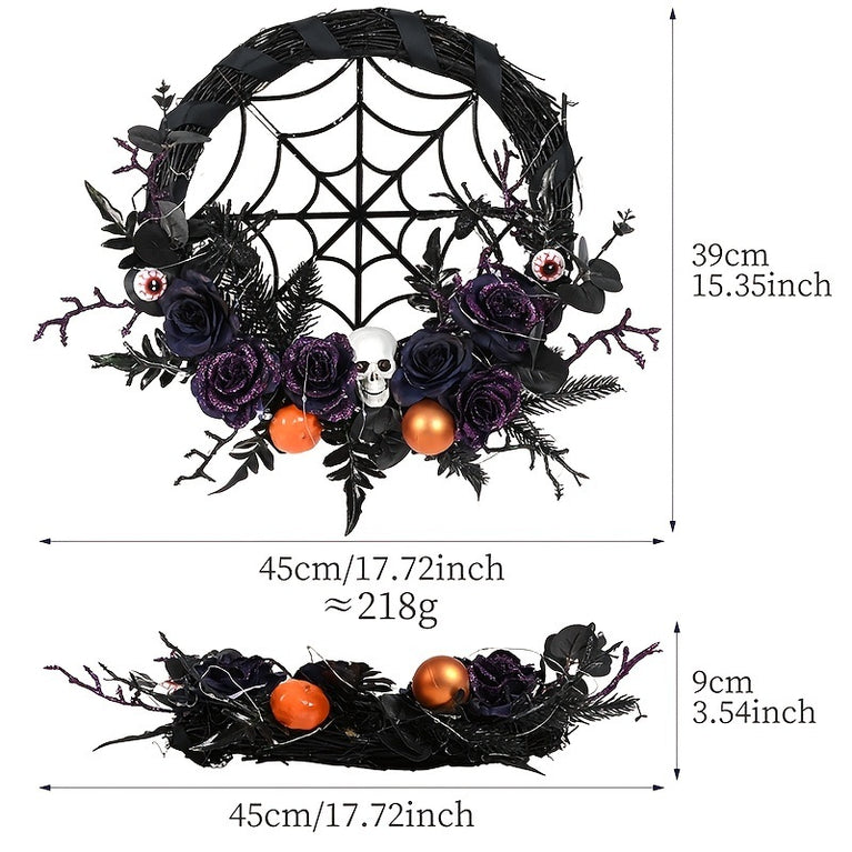 1pc, Prelit Halloween Skull Wreath For Front Door Decor, 20 LED Purple Lights Battery Operated Skeleton Roses Eyeballs Spider Black Natural Wreath Halloween