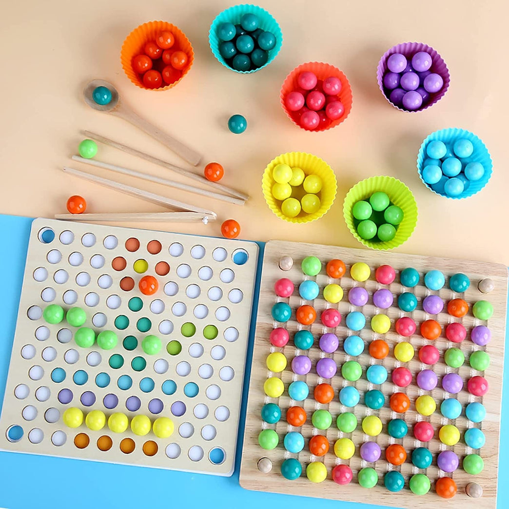 4 in 1 Wooden Board Bead Game; Montessori Rainbow Puzzle Sorting Stacking Toy; Kids Learning Math; Gift Girls; Boys for 3 Years Old and Up 3+