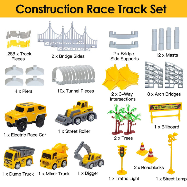 340Pcs Construction Race Track Set Kids DIY Construction Toys STEM Flexible Car Track Playset Gift for Toddlers Boys Aged 3 4 5 6 Year Old