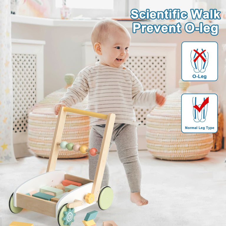 ROBOTIME Wooden Baby Push Walker Toy with Blocks Learning Walker Toddler