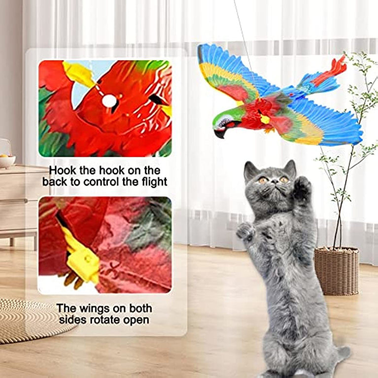 GARENT Flying Bird Cat Toy; Simulation Bird Interactive Cat Toy for Indoor Cats; Interactive Electric Hanging Flying Bird Toy for Cats Kitten Play Hunting Exercising Eliminating Boredom (Parrot)