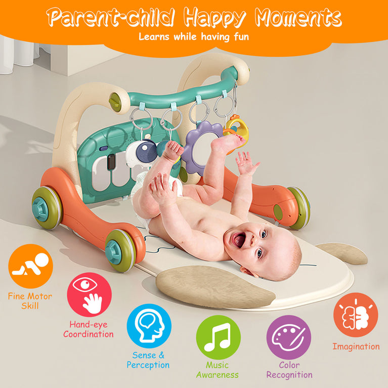 3 in 1 Baby Gym Playmat with Learning Walker Baby Playmat with Piano Keyboard Game Panel 5 Fun Rattle Toys for 0-12 Months Old Musical Activity Center with Lights