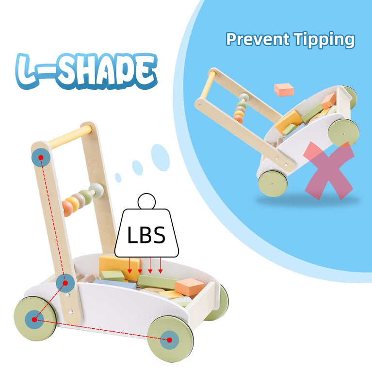 ROBOTIME Wooden Baby Push Walker Toy with Blocks Learning Walker Toddler