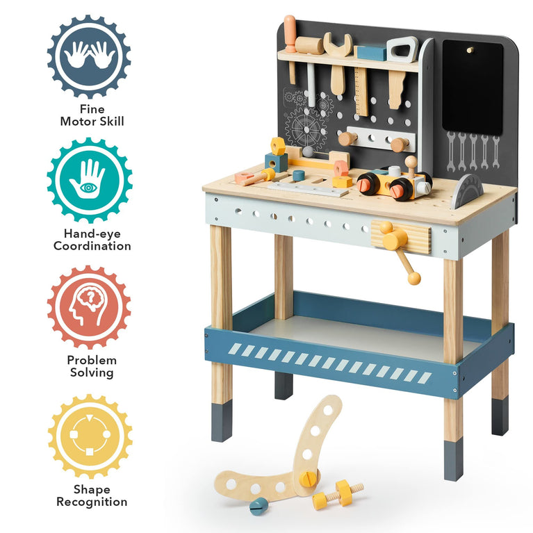 ROBOTIME Wooden Tool Bench for Kids Toy Play Workbench Workshop with Tools Set