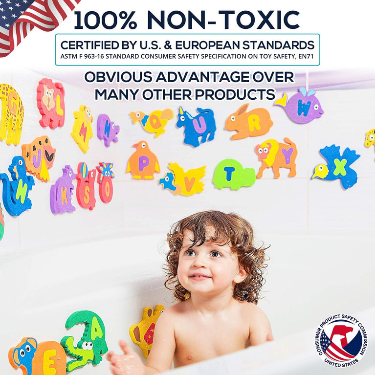 Non Toxic Foam Bath Toys 52 Items Premium Educational Floating Bathtub Preschool Alphabet Letters Animals Fun Bathing for Baby Toddlers Kids Girls Boys Set 26 Puzzles