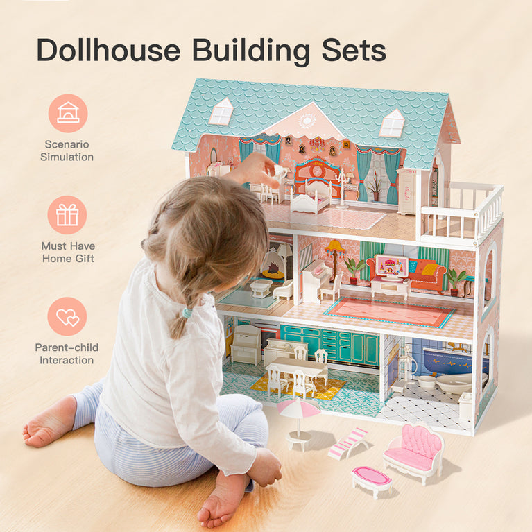 Big Wooden Dollhouse with Furniture Doll House Play Set Gift for Kids Girls