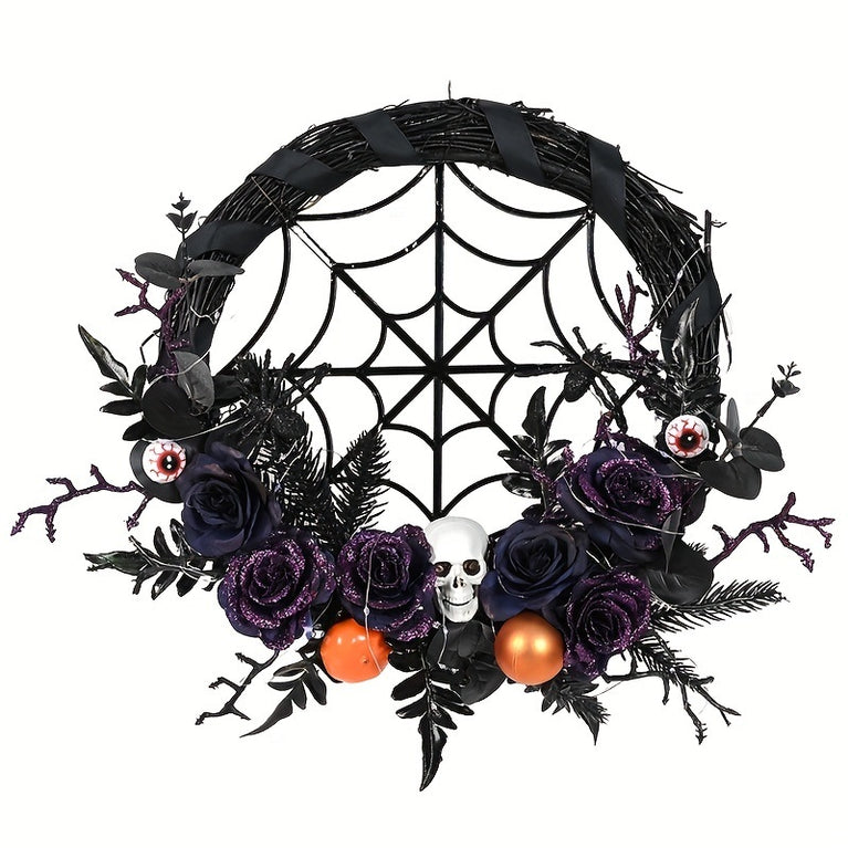 1pc, Prelit Halloween Skull Wreath For Front Door Decor, 20 LED Purple Lights Battery Operated Skeleton Roses Eyeballs Spider Black Natural Wreath Halloween