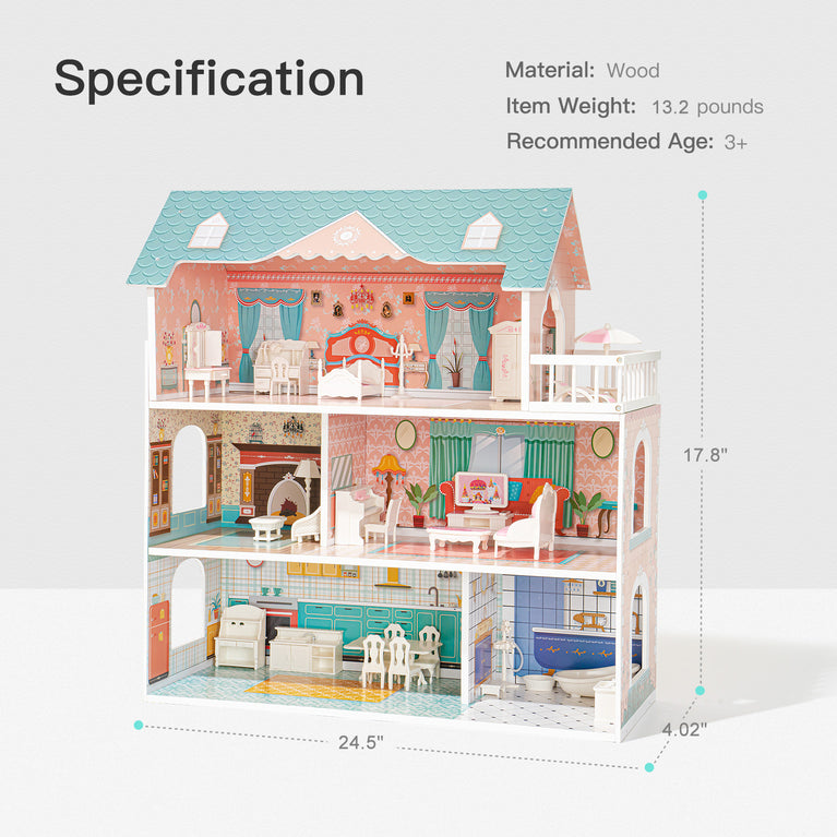 Big Wooden Dollhouse with Furniture Doll House Play Set Gift for Kids Girls