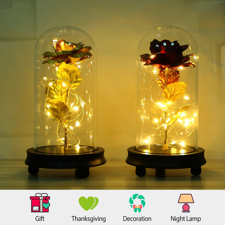 Foil Rose LED String Light Rose Fairy Lamp w/ Glass Dome For Valentines' Day