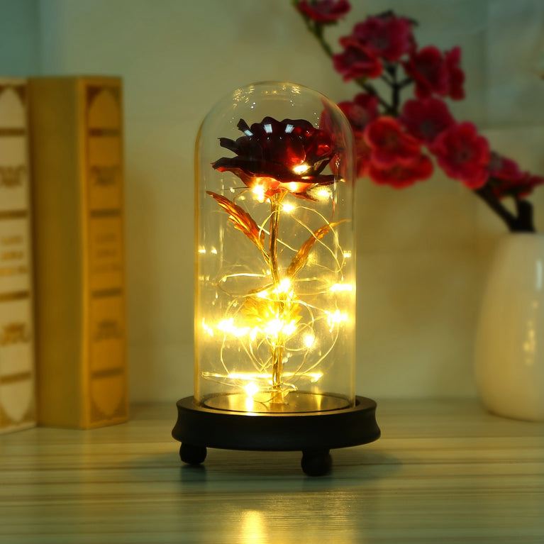 Foil Rose LED String Light Rose Fairy Lamp w/ Glass Dome For Valentines' Day