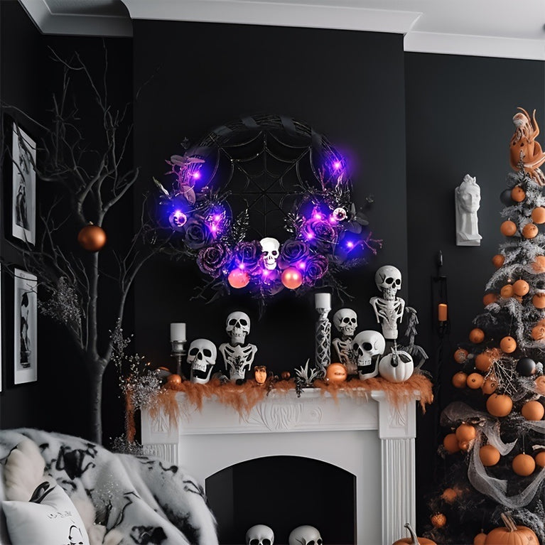 1pc, Prelit Halloween Skull Wreath For Front Door Decor, 20 LED Purple Lights Battery Operated Skeleton Roses Eyeballs Spider Black Natural Wreath Halloween