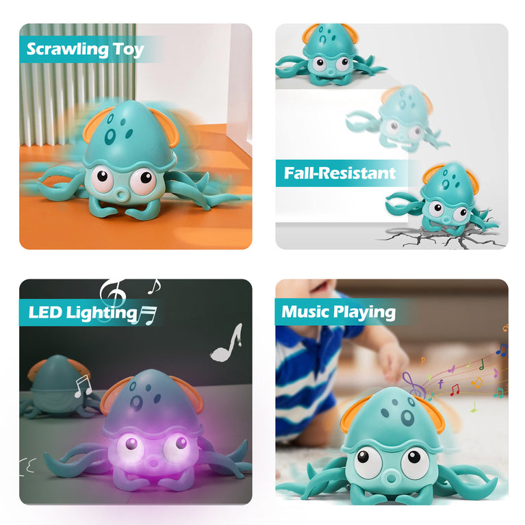 Rechargeable Baby Crawling Octopus Toy with Music LED Lighting Children Electric Moving Walking Kid Toy Obstacle Avoidance Function Suit for Kids Over 4 Year Old