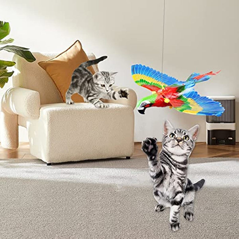 GARENT Flying Bird Cat Toy; Simulation Bird Interactive Cat Toy for Indoor Cats; Interactive Electric Hanging Flying Bird Toy for Cats Kitten Play Hunting Exercising Eliminating Boredom (Parrot)