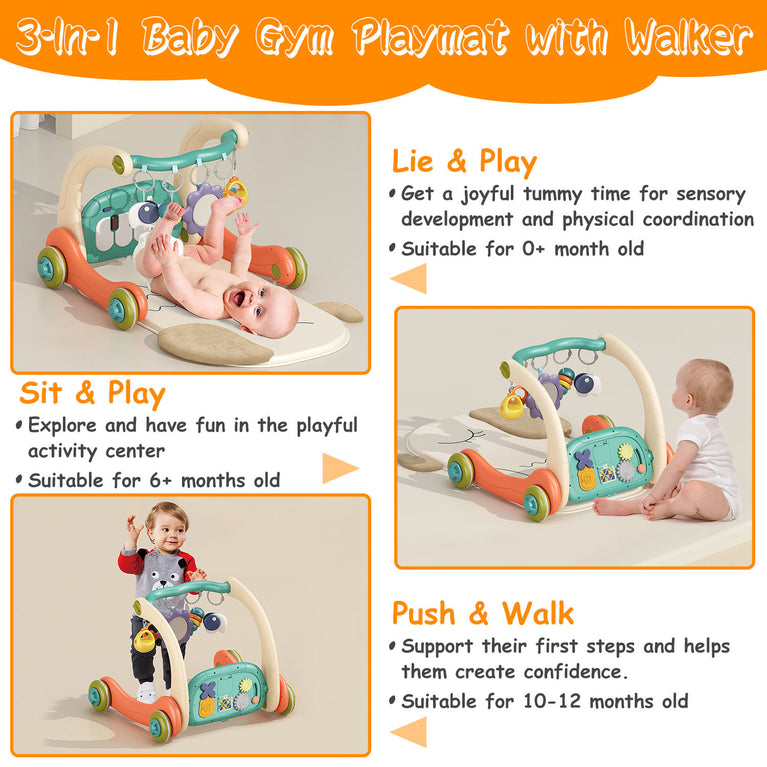 3 in 1 Baby Gym Playmat with Learning Walker Baby Playmat with Piano Keyboard Game Panel 5 Fun Rattle Toys for 0-12 Months Old Musical Activity Center with Lights