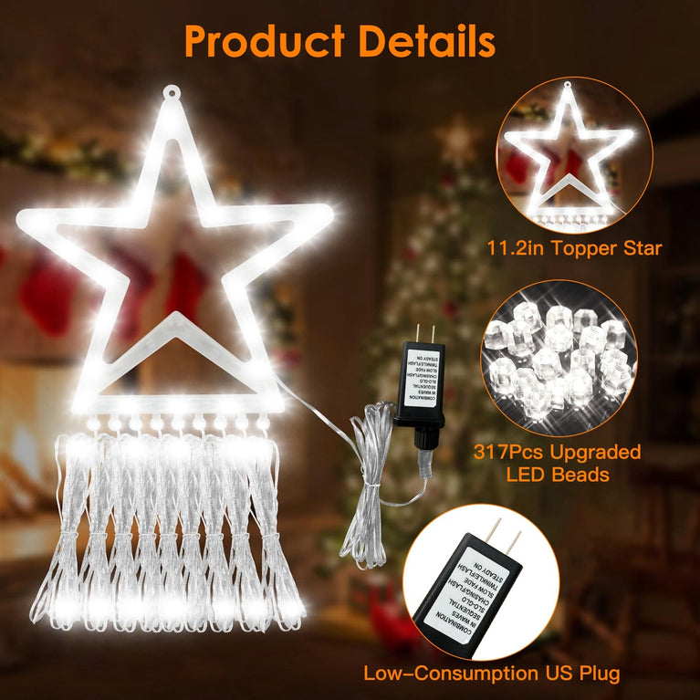 Christmas Hanging Waterfall String Light with Topper Star IP65 Waterproof Outdoor Plug In Fairy Waterfall Tree Light with 8 Lighting Modes Timer Memory Function