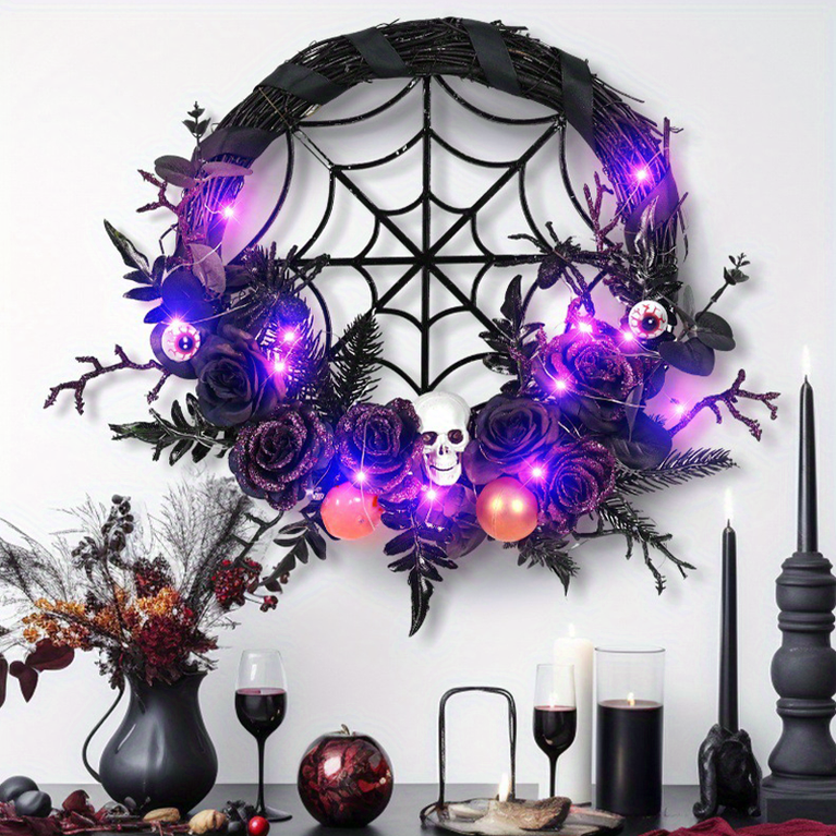 1pc, Prelit Halloween Skull Wreath For Front Door Decor, 20 LED Purple Lights Battery Operated Skeleton Roses Eyeballs Spider Black Natural Wreath Halloween