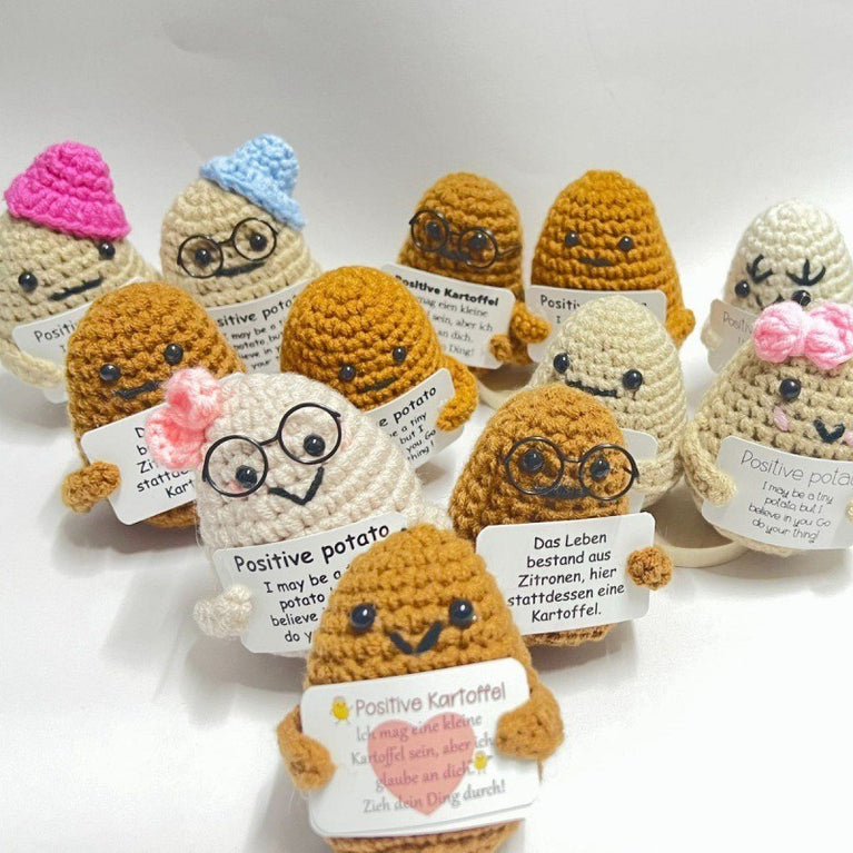 Positive Energy Potato Mini Handmade Plush Knitted Doll With Card Stress Relieving Knitted Doll Home Decoration Cross-border Hot-selling Funny Dolls, Handmade DIY Wool Crochet Keychain Pendants